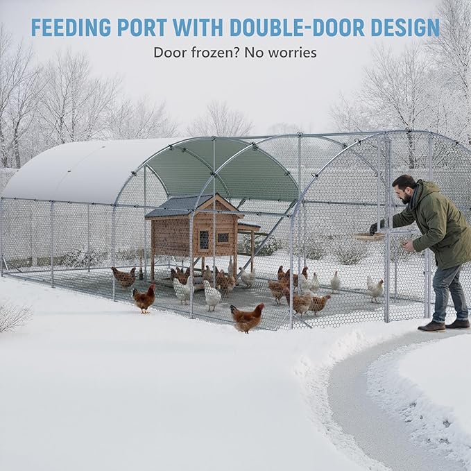 Large Chicken Coop,10x26x6.5FT Metal Chicken Run for Yard with Feeding Door, Round Top Walk-in Chicken Pen,Outdoor Poultry Cage with Anti-UV Cover,Rabbit Duck House