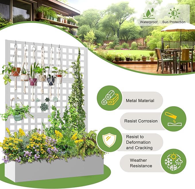 FENCY Metal Raised Garden Bed with Trellis, Metal Planter Box with Trellis, Garden Box for Climbing Plants Vegetable, 47''Lx16''Wx71''H Garden Bed with Drainage Holes(White)