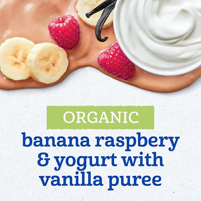 Gerber Toddler Food, Organic Banana Raspberry Yogurt with Vanilla Puree Pouch, Toddler Pouches, No Added Sweetener, No Artificial Colors or Flavors, 12-Pack