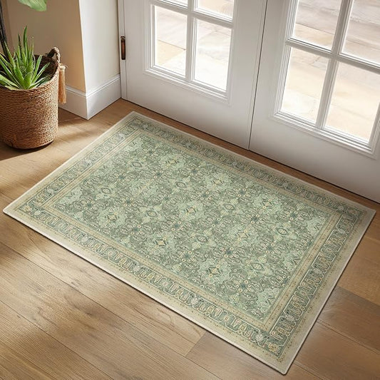 Sage Green Small 2x3 Rug, Boho Floral Moroccan Printed Door Rugs for Entryway Indoor, Washable Non Slip Low Pile Thin Soft Door Mat Indoor Entrance for Kitchen Bathroom Laundry Room Bedside