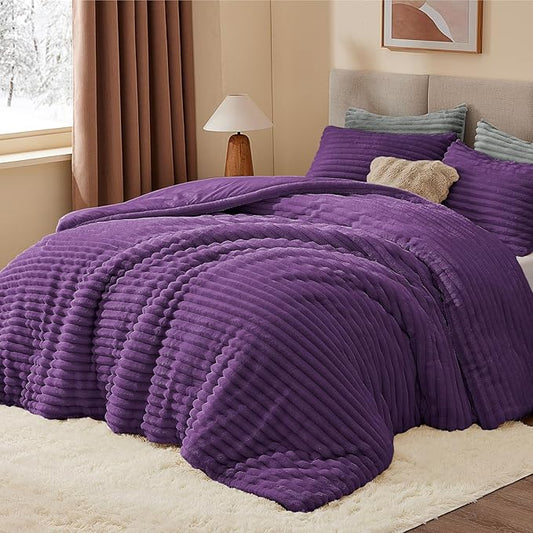 BEDELITE Fleece King Comforter Set -Super Soft & Warm Fluffy Purple Bedding, Luxury Fuzzy Heavy Bed Set for Winter with 2 Pillow Cases