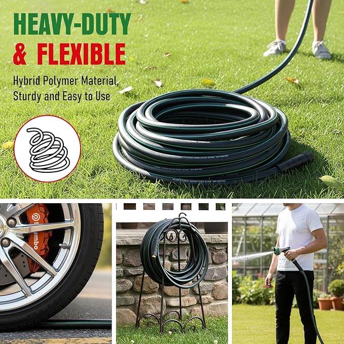 Garden Hose 25 ft with 10 Function Nozzle Sprayer, Heavy Duty Flexible Water Hose, No-Kink Lightweight Hybrid Hose, Leakproof Hose Male to Female Fittings