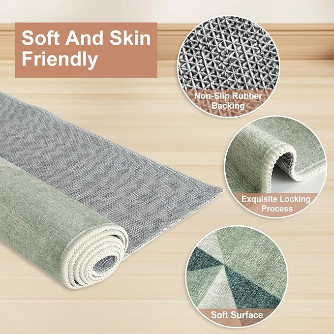 Washable Geometric Green Area Rugs 3x5 Modern Neutral Abstract Non Slip Low Pile Indoor Floor Small Carpet for Living Room Bedroom Dinning Room Kitchen