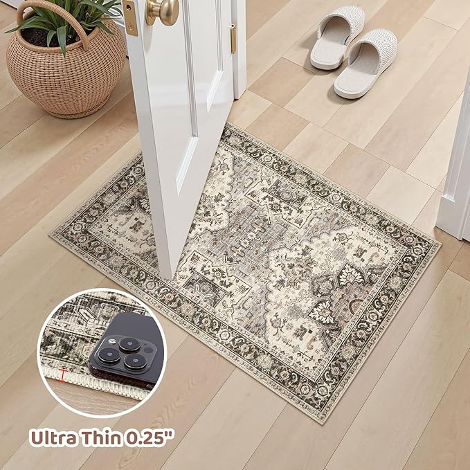 2x3 Washable Entryway Rug: Non-Slip Soft Small Indoor Area Rug for Bedroom Kitchen, Low Pile Stain-Resistant Durable Vintage Floral Carpet for Porch Laundry Kids Room Home Decor (Brown)