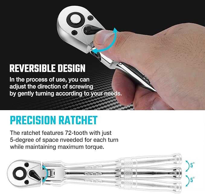 DURATECH 1/4" Drive Flex-Head Ratchet, 72-Tooth Ratchet Wrench, Quick-release, Reversible Switch, Full-Polished Chrome Plating, Alloy Steel