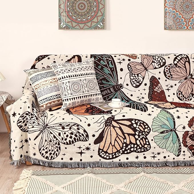 Boho Throw Blanket for Bed Couch Sofa Reversible Cotton Bohemian Travel Boho Quilt Mexican Muslin Blanket Tapestry Hippie Room Decor Outdoor Blanket Double Sided (Month Moth Print 70"x90")