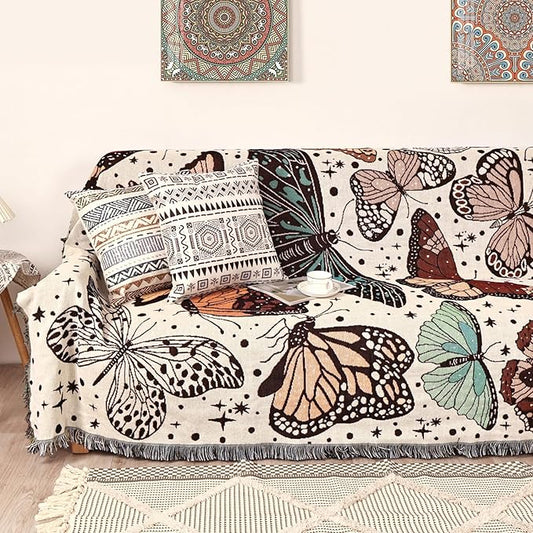 Boho Throw Blanket for Bed Couch Sofa Reversible Cotton Bohemian Travel Boho Quilt Mexican Muslin Blanket Tapestry Hippie Room Decor Outdoor Blanket Double Sided (Month Moth Print 70"x90")