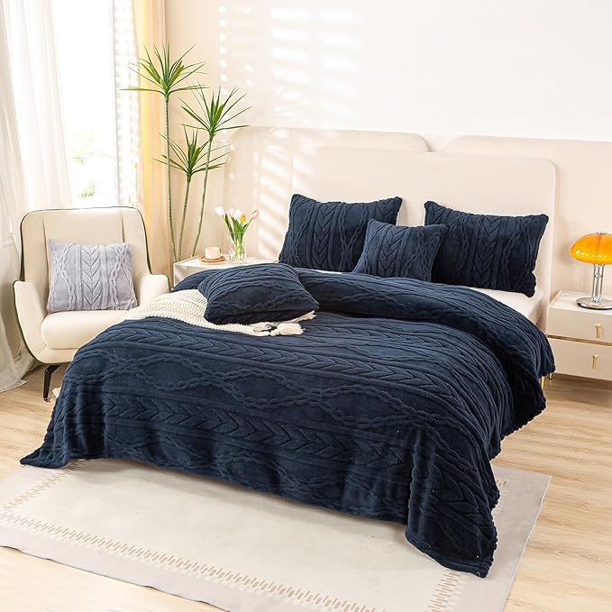 YUSOKI Sherpa Queen Size Blanket(Without Pillows)-3D Stylish Design Super Soft Blankets for Teen Girls Women Couch Bed Sofa Chair Men Boys Gift(Navy,90"x90")