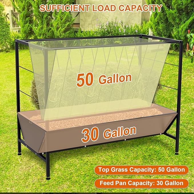 Pasture Hay Feeder 50 Gallon, Heavy Duty 2-in-1 Livestock Feeder, Hay Grain Feeding with 30 Gallon Feed Pan, Black Powder Coated Surface Steel Livestock Feeder for Sheep, Calf, Cow and Horse
