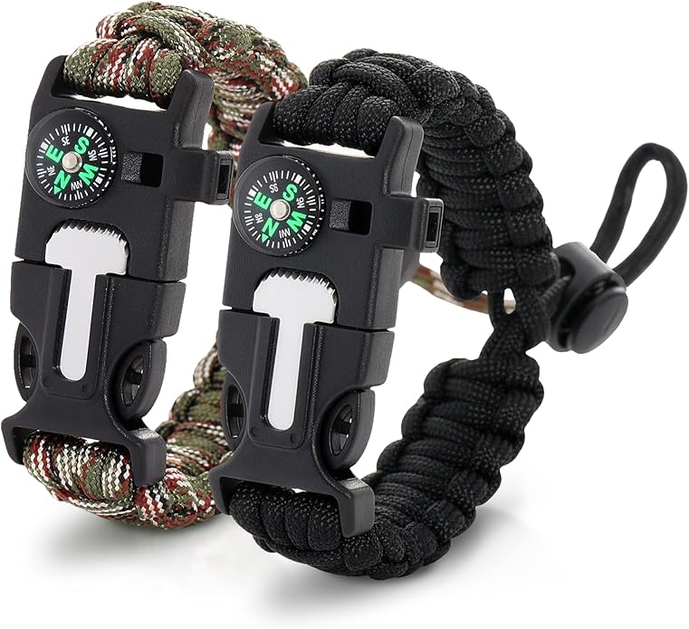 2Pack Survival Paracord Bracelet – 5-in-1 Adjustable Tactical Bracelet for Men with 10 ft Paracord, Flint Fire Starter, Compass, Whistle & Scraper – Survival Gear for Camping, Hiking, Fishing & Travel