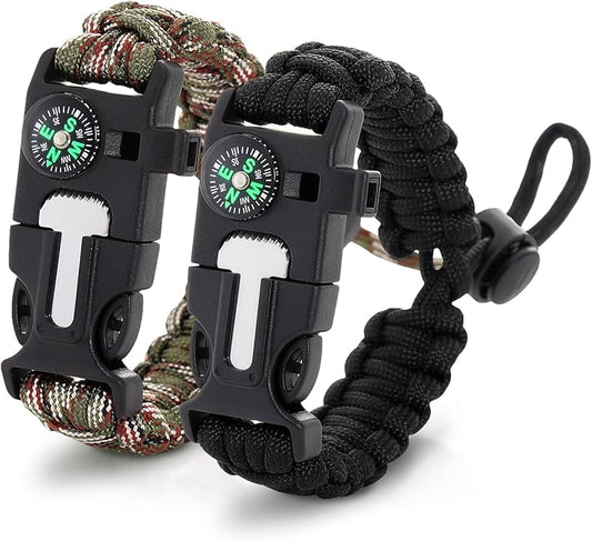 2Pack Survival Paracord Bracelet – 5-in-1 Adjustable Tactical Bracelet for Men with 10 ft Paracord, Flint Fire Starter, Compass, Whistle & Scraper – Survival Gear for Camping, Hiking, Fishing & Travel