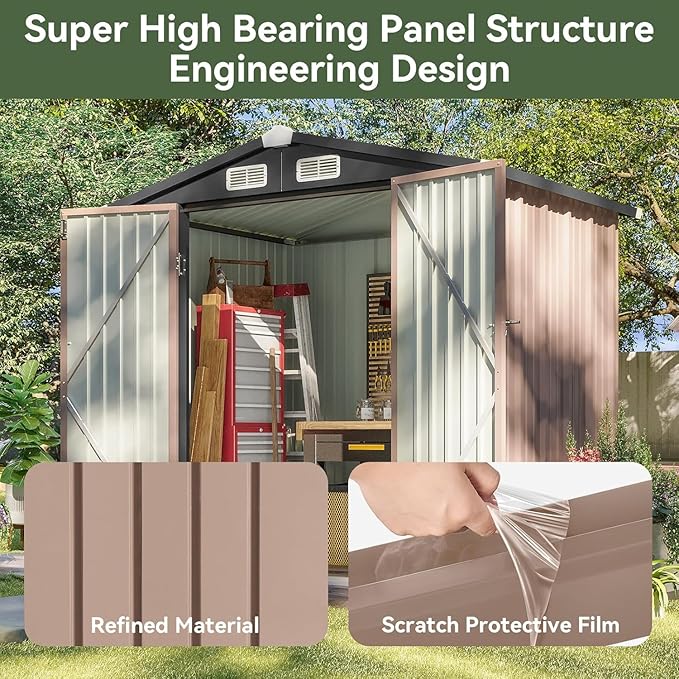 Aoxun 6.2x4 FT Shed with Solar Light Outdoor Storage Shed with Lockable Doors & Slooping Roof Metal Garden Tool Shed for Backyard, Patio, Poolside (Brown)