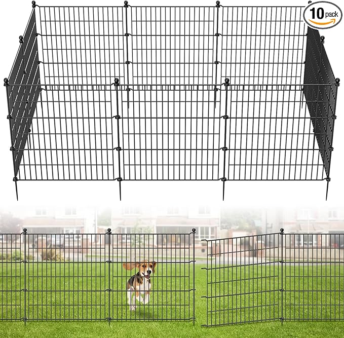 10 Panels No Dig Garden Fence Outdoor for Yard, 32 in(H) X 23.6 ft(L) Animal Barrier Pet Fencing Rustproof Decorative Metal Wire Panel Border for Dog, Rabbits, and Patio Temporary Ground Stakes