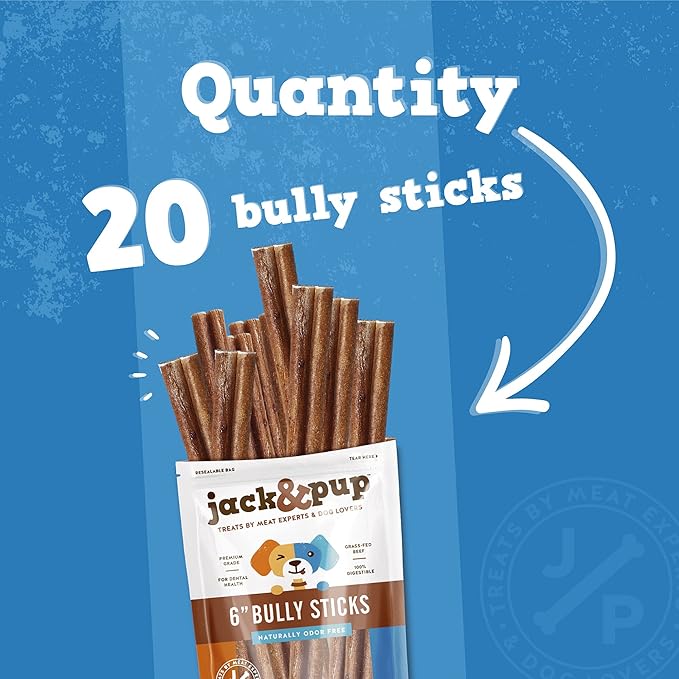 Jack&Pup 6-inch Bully Sticks for Large Dogs (20 Pack) All Natural Thick Bully Sticks for Dogs, Single Ingredient Long Lasting Pizzle Sticks