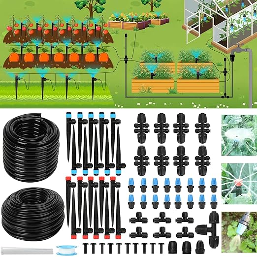 250FT Drip Irrigation Kit – 2025 New Quick-Connect Micro Irrigation System with 1/4'' 1/2'' Tubing, Locking Nozzle Emitters, Adjustable Misting Sprayers for Gardens, Lawns,Raised Beds and Greenhouses