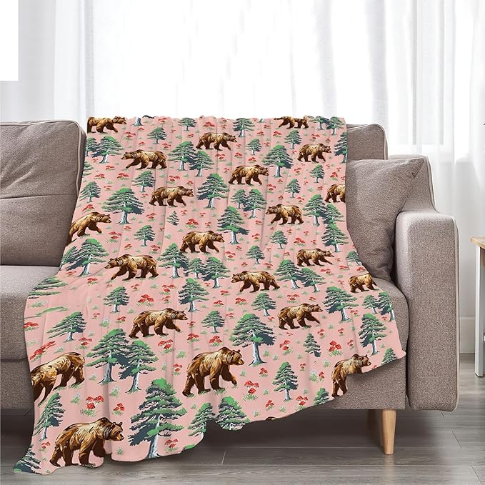 Bear Blanket Rustic Forest Bear Throw Blanket Super Soft Plush Lightweight Warm Fleece Flannel Mushroom Log Cabin Decor Blanket Gifts for Baby Kids Girls Women Boys for Sofa Couch Bed 40"X50"