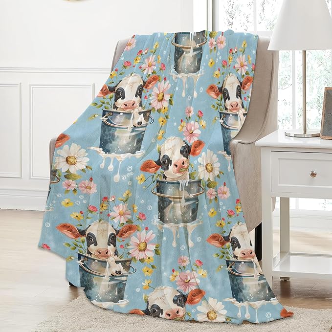 Farmhouse Cow and Daisy Throw Blanket Gifts for Women, Soft Fuzzy Warm Cozy Flannel Blankets for Bedroom, Travel, Couch, Home Decor 50x60 in