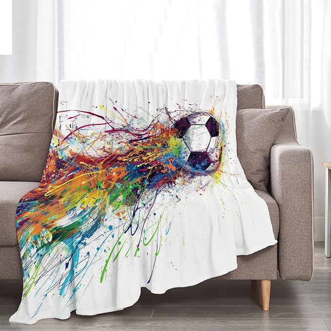 Soccer Blanket Gifts for Teens Boys Girls Lovers Soft Warm Plush Colorful Soccer Throw Blanket Flannel Fleece Fuzzy Banksy Sports Stuff Blanket for Bed Couch Living Room Decor 60"X50"