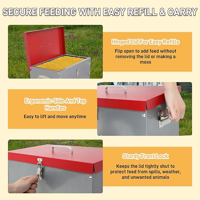 Automatic Chicken Feeder-40LB Metal Poultry Feeder No Waste with 6 Feeding Ports, Rat Proof Auto Chicken Feeders with Rust-Resistant Steel Frame, Locking Lid & Handle for Duck Geese Outdoor Use