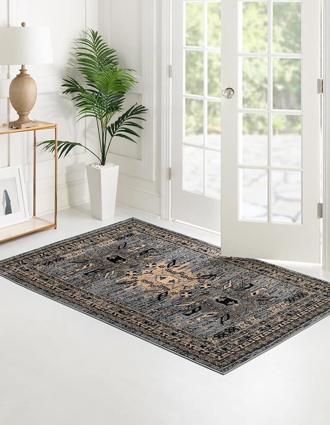 Unique Loom Taftan Collection Border Geometric Tribal Inspired Design Area Rug (7' 0 x 10' 0 Rectangular, Gray/ Black)