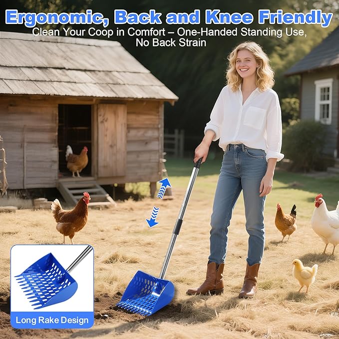 2025 Design 2 in 1 Chicken Poop Scooper – Adjustable 26“ to 68” Stainless Steel Handle, Heavy-Duty Waste Scoop with Built-in Rake Durable Design for Backyard Chicken Coops