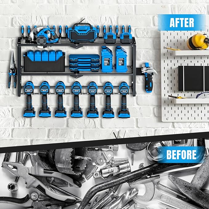Heavy Duty Power Tool Organizer Wall Mount - 3 Tier Metal Tool Rack with 7 Drill Holders, 300LB Capacity for Garage, Workshop, Pegboard Storage