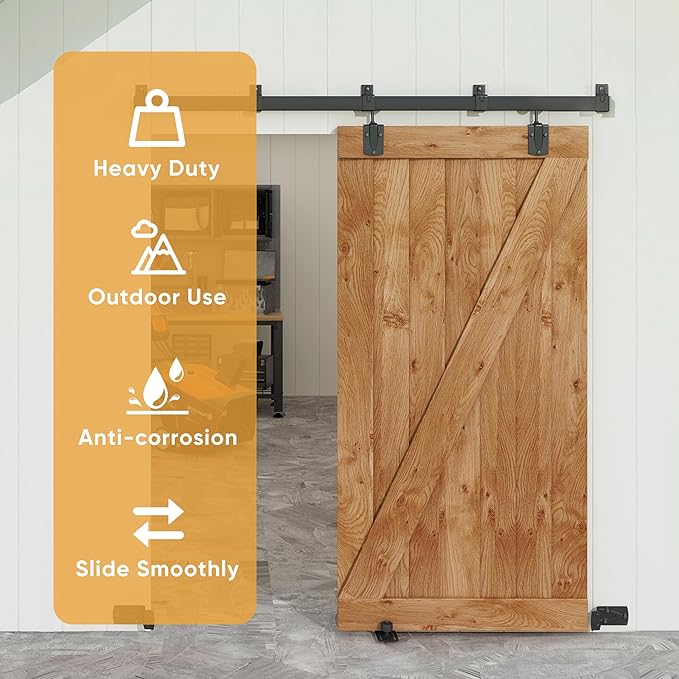 JUBEST 5FT Box Rail Exterior Barn Door Hardware Kit, Heavy-Duty Black Sliding Barn Door Track System, Wall Mount Door Hardware Kits (Door Not Included)