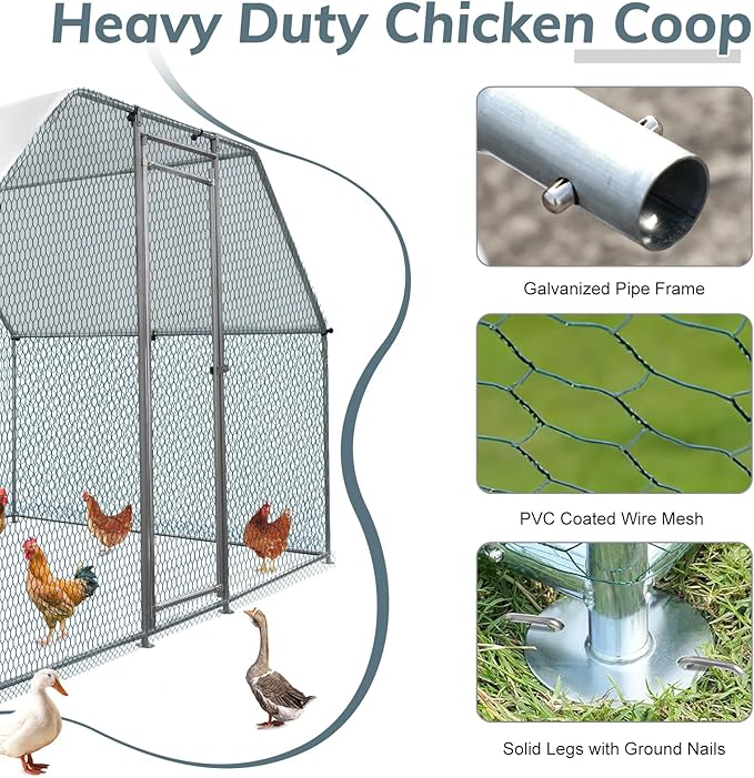 VINGLI Chicken Coop, Large Metal Poultry Cage for Chicken Run, Walk-in Chicken Pen with Waterproof & Anti-UV Cover Outdoor (Silver-Flat Roof, 6.5 * 9.8 * 6.5 ft)
