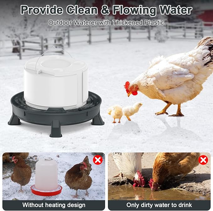 4.28L Heated Chicken Waterer - Winter Freeze-Proof Heated Poultry Waterer, 84W Hanging Chicken Water Heater with 4 Detachable Leg Support, Poultry Water Fountain for Chickens, Ducks（Round）