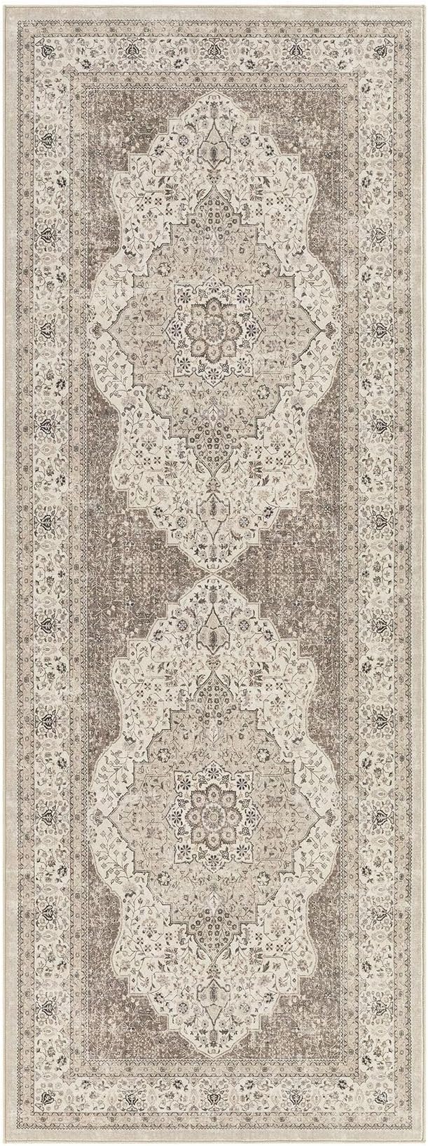 Washable Rug 3x8 Area Rugs for Entryway Bedroom Dining Room Home Office Floor Decor -Stain & Fade Resistant Non Slip Backing Carpet,Ultra-Thin Vintage Large Carpets (Brown/Beige)