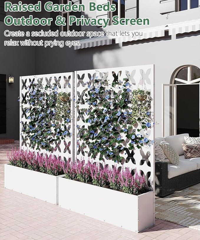 2PCS Metal Planter Box with Trellis,70.9"x47.2"x15.7" Raised Garden Bed with Drainage Holes, Privacy Planters for Outdoor Garden Bed for Climbing Plants,Vegetables,and Vines, White-X