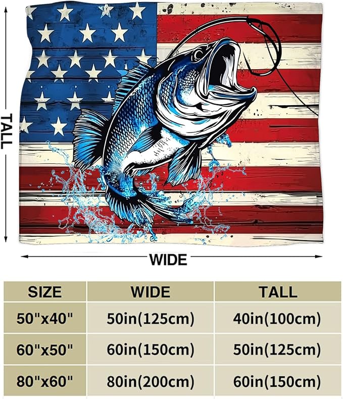 Bass Fish Blanket American Flag Fishing Throw Blankets Gifts for Girls Boys Kids Fishing Lover Soft Cozy Fleece Plush for Couch Sofa Bed 50"x40"