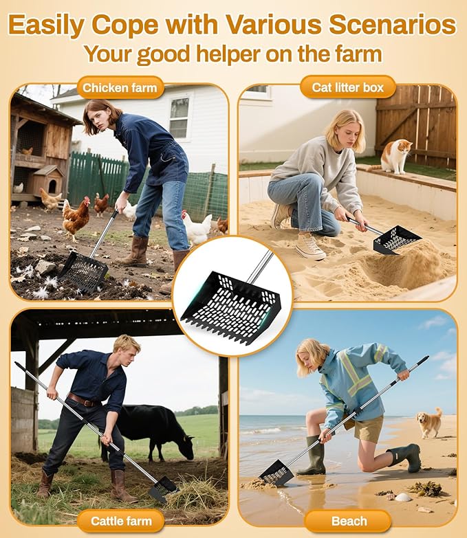 Chicken Poop Scooper for Sand,Coop Scoop 3 IN 1 Rake Function【Fine Sieve Holes】【Adjustable Stainless handle 24 to 68"】Metal Cat Litter Scoop, No Hole Shovel Side Scooper Chicken Poop Scooper for Sand