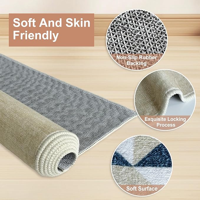 Blue and Gold Modern Geometric Living Room Area Rug 8x10 Abstract Large Soft Indoor Washable Neutral Low Pile Carpet for Bedroom Farmhouse Non Slip