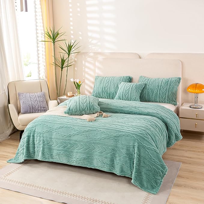 YUSOKI Sherpa Queen Size Blanket(Without Pillows)-3D Stylish Design Furry Blankets for Teen Girls Women Couch Bed Sofa Chair Men Boys Gift(Light Green,90"x90")