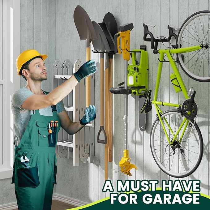 Garden Tool Organizer Rack, Wall Mount Garage Tool Organizer Storage Hook for Yard Shed, Metal Garage Garden Tool Hanger for Lawn Organizer Holds Shovel,Rakes,Brooms,Hoses 2 Pack