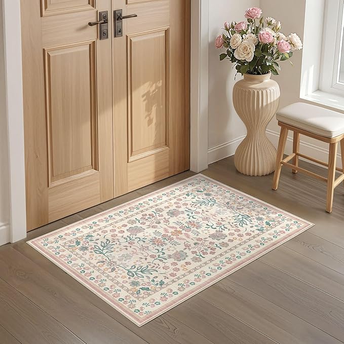 Door Mat Entrance Rug: 2x3 Washable Area Rug Boho Floral Small Rug - Non-Slip Low Pile Throw Indoor Carpet for Entryway Kitchen Front Door Bathroom Entry Kids Room - Pink