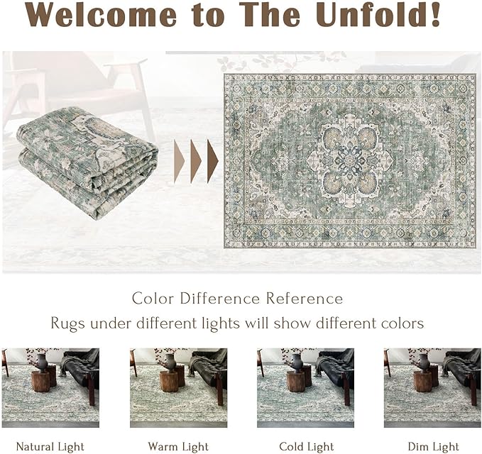 Area Rugs 9x12 Living Room - Large Washable Sage Green Boho Rugs for Bedroom Soft Vintage Rug Ultra-Thin Farmhouse Oriental Medallion Carpet Non Slip Rug for Dining Room Guest Room Home Decor
