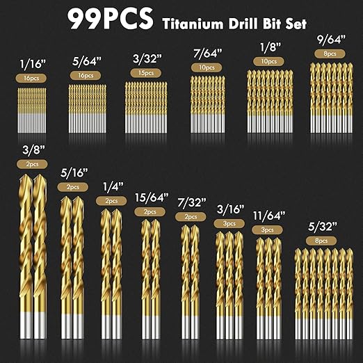 99Pcs Titanium Drill Bit Set, 135 Degree Tip HSS Drill Bit Kits, Sizes from 1/16" to 3/8" for Drilling Soft Metal, Aluminum, Copper, Wood and Plastic, with Plastic Indexed Case for Storage