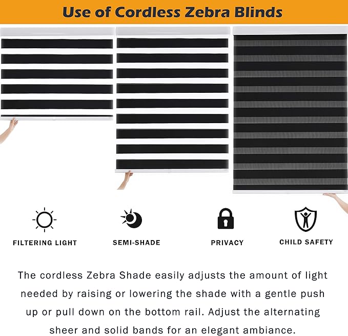Cordless Zebra Blinds for Windows Free-Stop Zebra Shades Dual Layer Light Filtering Blackout Shades Room Darkening Window Blinds for Home (21" W X 72" H, Black)