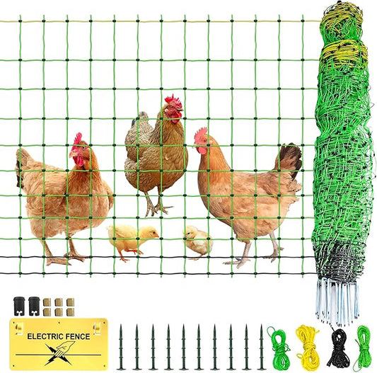 Poultry Netting Electric Fence, 49.6" H x 164' L, Portable Livestock Nets Mesh for Chickens, Ducks, Geese, Turkey, Electric Fencing for Backyards, Homesteaders, Farms, Ranches, Gardens
