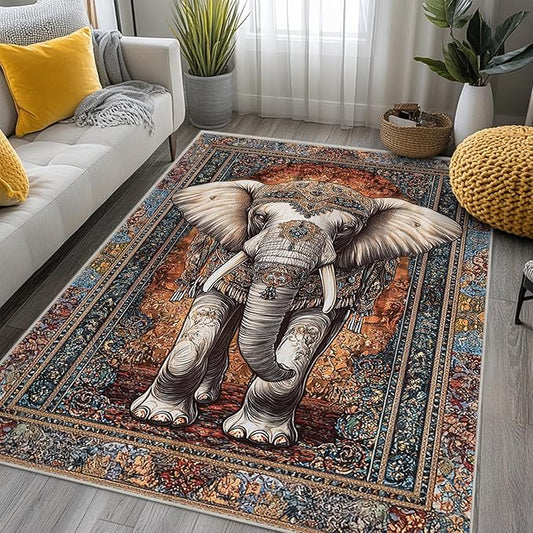 6x9 Elephant Area Rugs Boho Elephant Rug for Living Room Indoor Soft Non-Slip Thin Large Carpet Vintage Rugs for Bedroom Home Decor Under Table Washable Machine