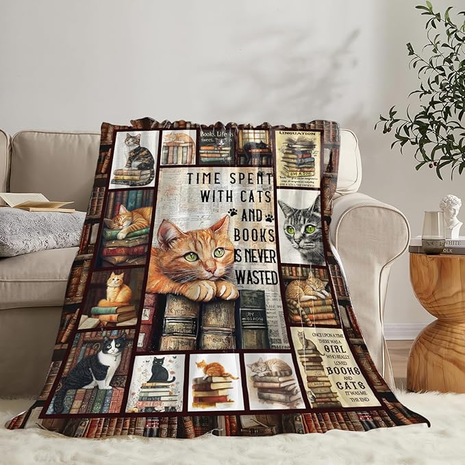 Dynova Cat Blanket Cozy Plush Book Throw Blankets Cozy Plush Cats Books Lovers Gifts Fuzzy Flannel Fleece for Women Men Girls Boys 80"X60"