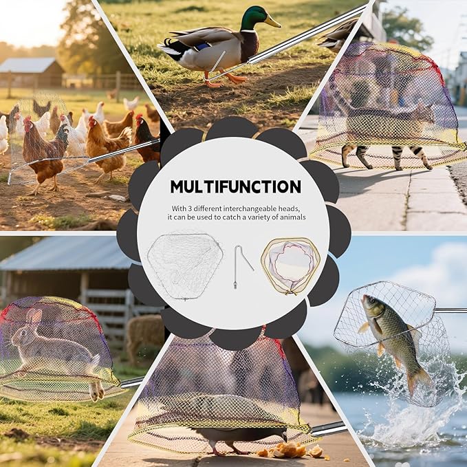 Chicken Catcher 3 in 1 Kit,Adjustable from 33" to 79" Chicken Net with 2 Folding Catching Nets & Chicken Leg Hook.Suitable for Catching Chicken,Ducks,Fish,Birds,Poultry and Animals（15.3" x 23.2" Net）