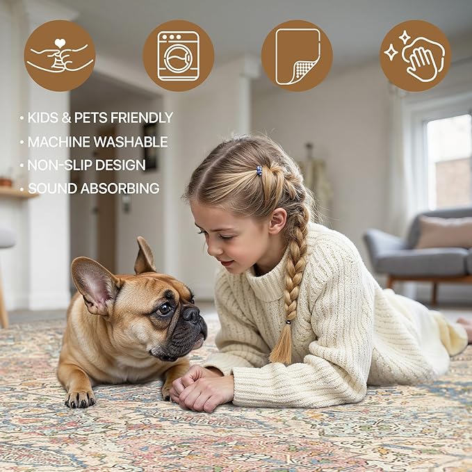 GENIMO 3x5 Area Rugs for Living Room, Machine Washable Non Slip Vintage Rugs, Low Pile Lightweight Chenille Print Rug for Bedroom, Dining Room, Home Office, Beige Cream