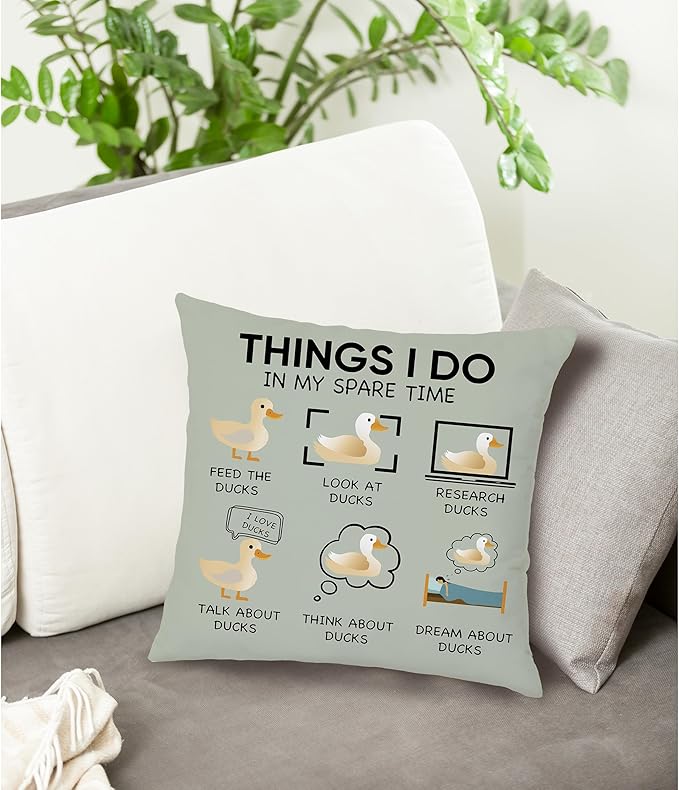 Funny Duck Throw Pillow Covers 18 x 18-Things I Do In My Spare Time Duck Decorative Pillow Covers,Funny Duck Gifts,Duck Gifts for Duck Lovers,Duck Themed Gifts for Women,Duck Decor (Sage Green)