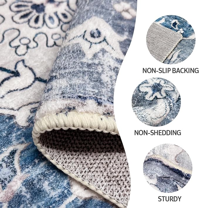 Washable Boho Vintage Area Rugs 2×3 Non-Slip Traditional Blue Area Rug Doormat for Bathroom Kitchen Entryway