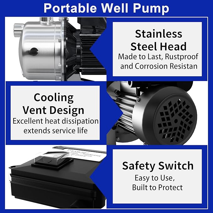 LANCHEZ 1.2 HP Portable Shallow Well Garden Pump, 1828 GPH Stainless Steel Sprinkler Pump, 115V Water Transfer Draining Irrigation for Lawn