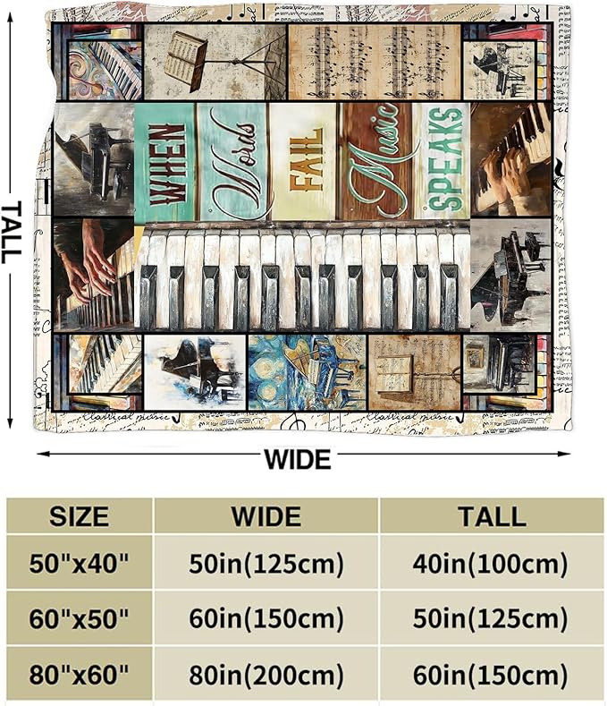Piano Music Throw Blanket Music Lovers Gifts for Boys Girls Women Men Plush Cozy Flannel Fleece Fuzzy Party Blankets 60"X50"