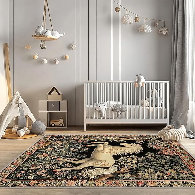 5x7 Unicorn Area Rugs Boho Floral Botanical Rug for Living Room Indoor Soft Non-Slip Thin Vintage Large Carpet Black Rugs for Bedroom Home Decor Under Table Washable Machine